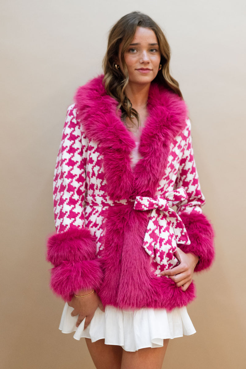 Lalita Houndstooth Coat - Hot Pink