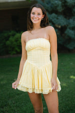 Cottagecore yellow dress lace trim