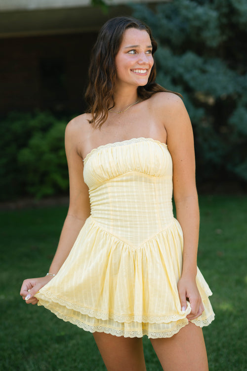 Butter yellow ruffle dress strapless