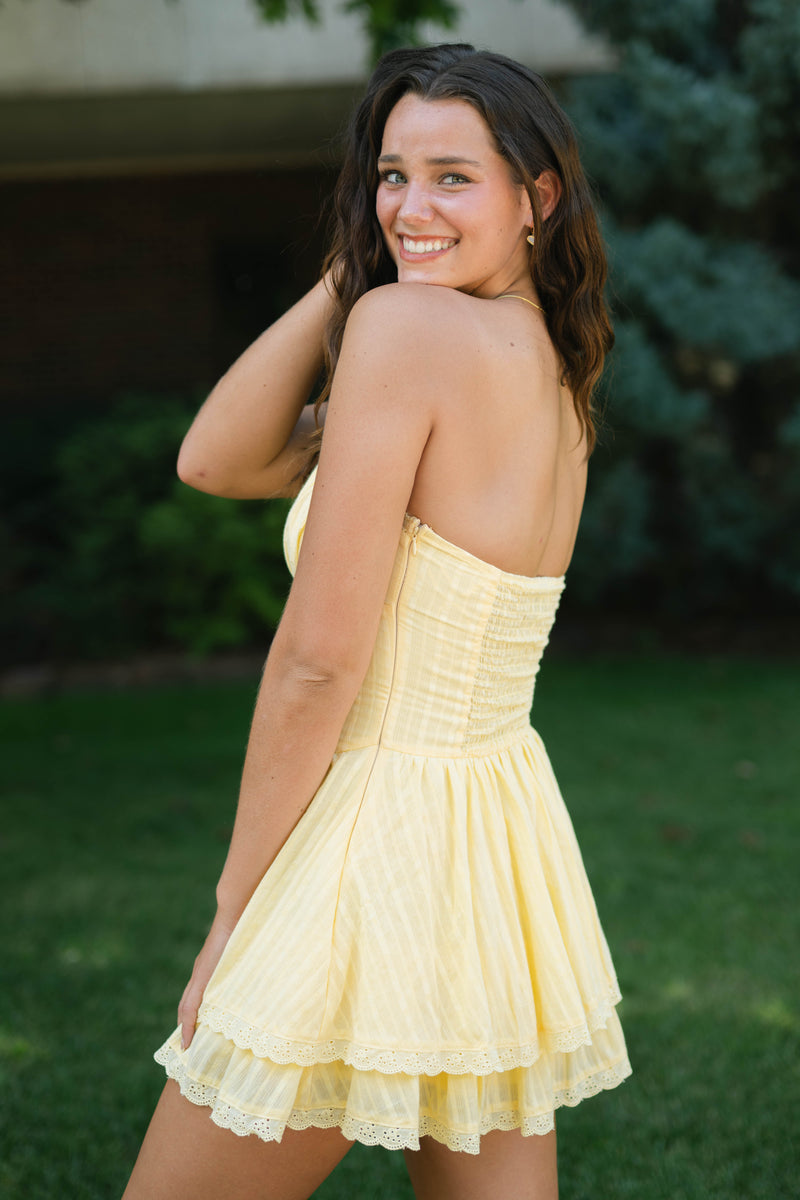 Yellow summer mini dress ruffles