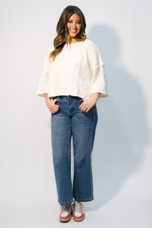 women’s white ¾ sleeve cable knit sweater