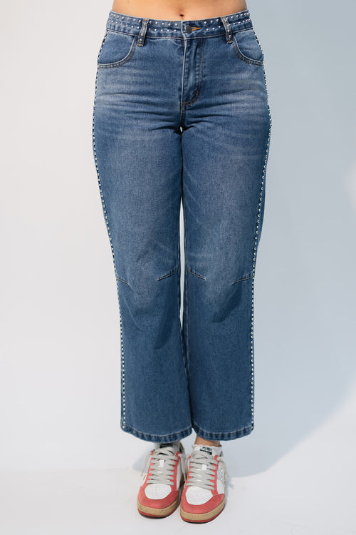 women’s studded mid-rise straight leg jeans