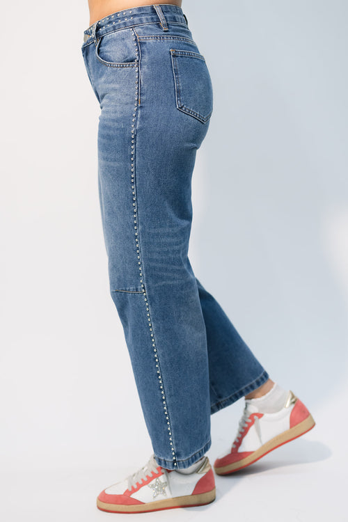 silver stud detailed denim pants for women