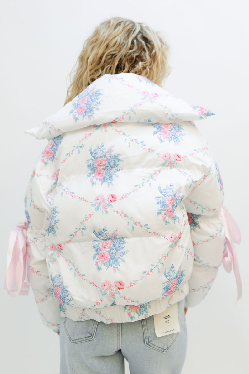 Floral Marshmallow Puffer Jacket - White