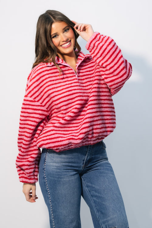 red and pink striped fuzzy pullover