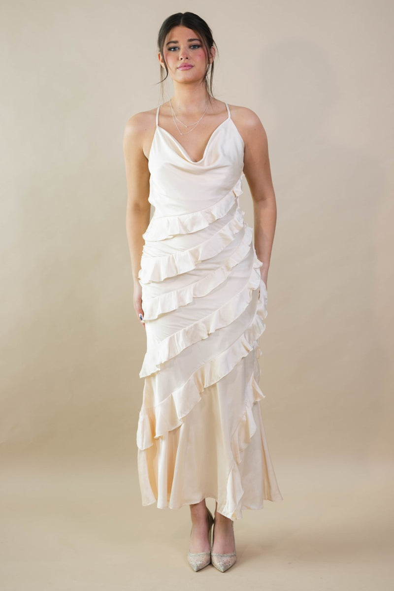 Satin Ruffle Tiered Maxi Dress - Cream Medium Satin Ruffle Tiered Maxi Dress - Cream Medium