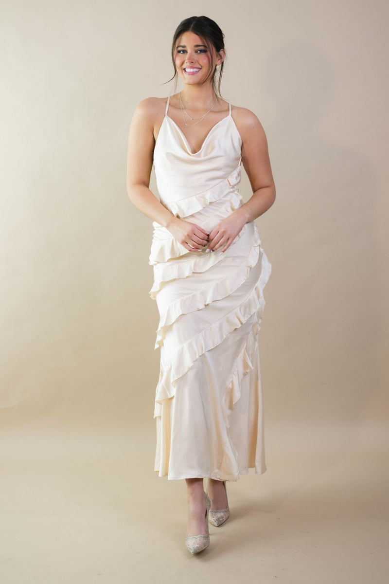 Satin Ruffle Tiered Maxi Dress