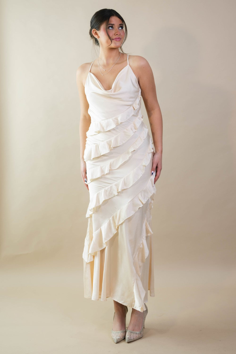 Satin Ruffle Tiered Maxi Dress Satin Ruffle Tiered Maxi Dress