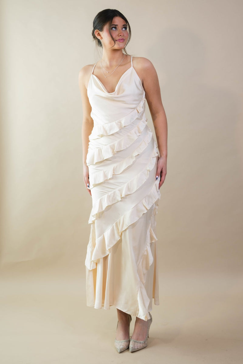 ruffle satin maxi dress Satin Ruffle Tiered Maxi Dress