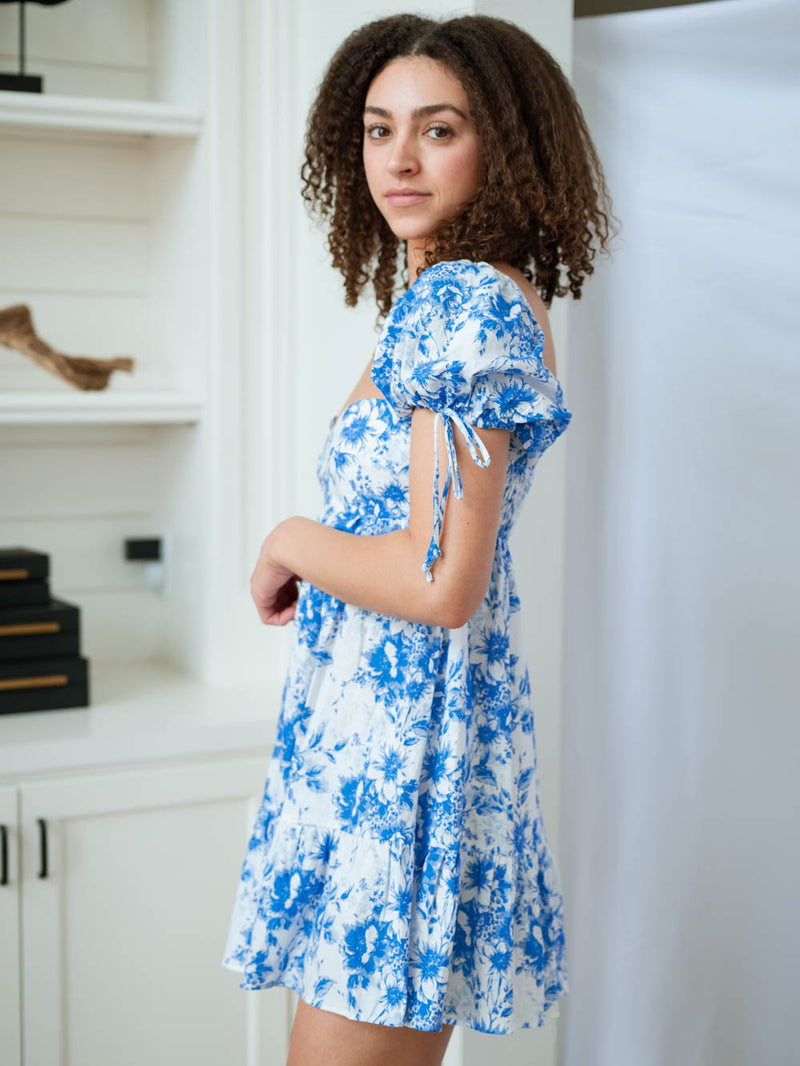 Puff sleeve floral babydoll dress blue