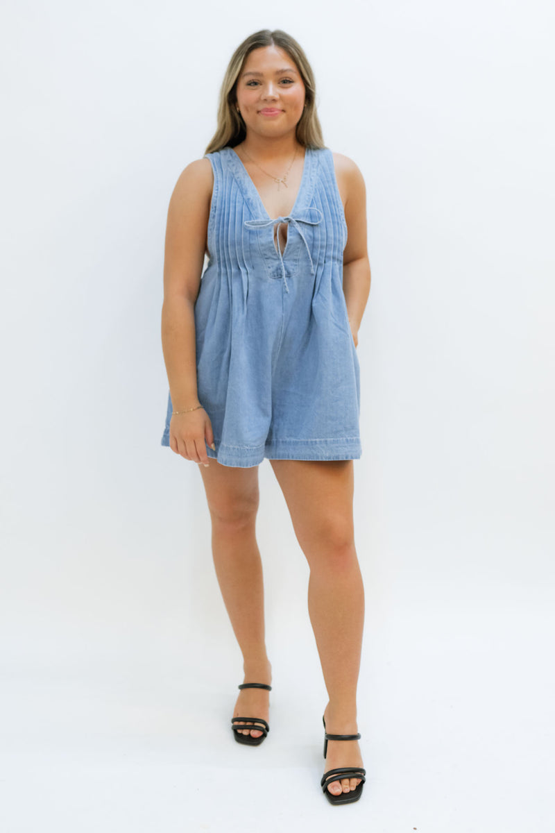 pleated romper, denim romper, blue romper, short romper