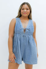 denim romper, pleated romper, romper, v-neck romper