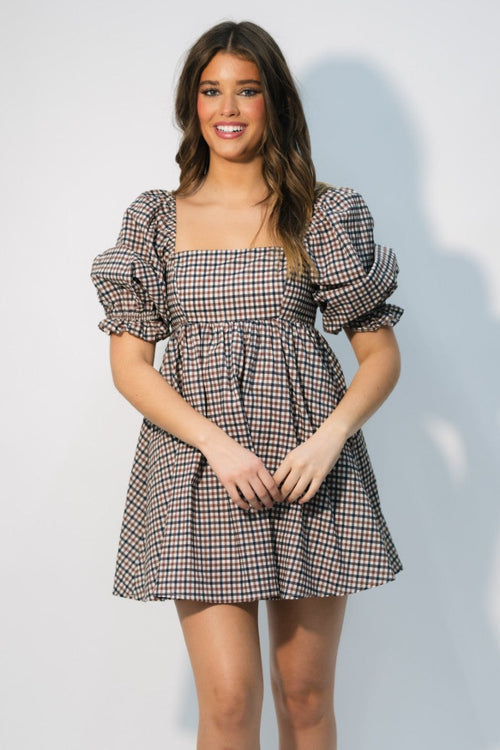 brown checkered babydoll dress