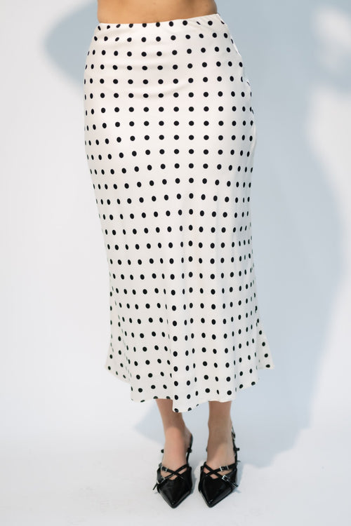 black and white polka dot satin midi skirt