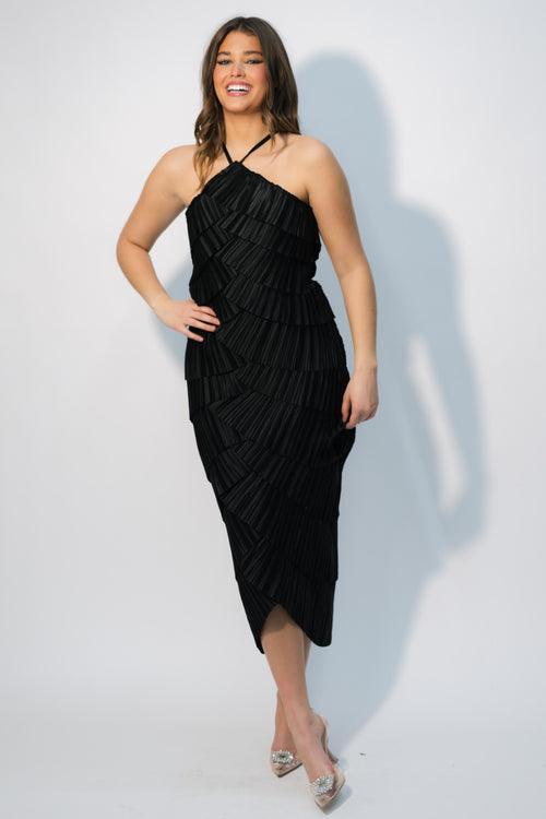 black tiered midi dress