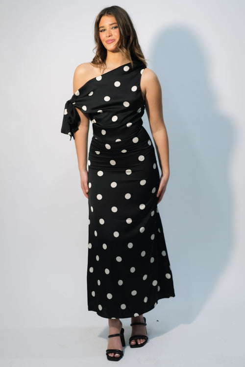black polka dot midi dress