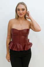 Plum faux leather peplum corset top