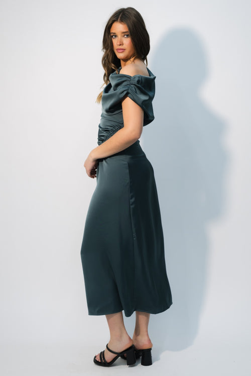 ruched satin evening gown