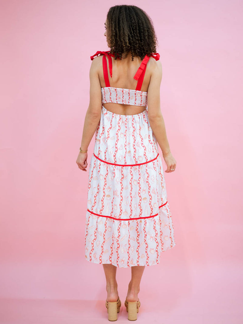 Gastro chic Red trim midi dress with novelty print