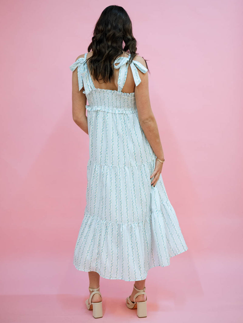 Blue floral stripe maxi dress with bows