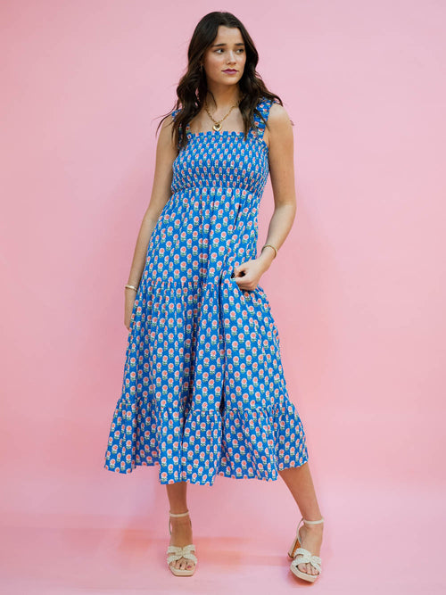 Blue floral midi dress with smocked top