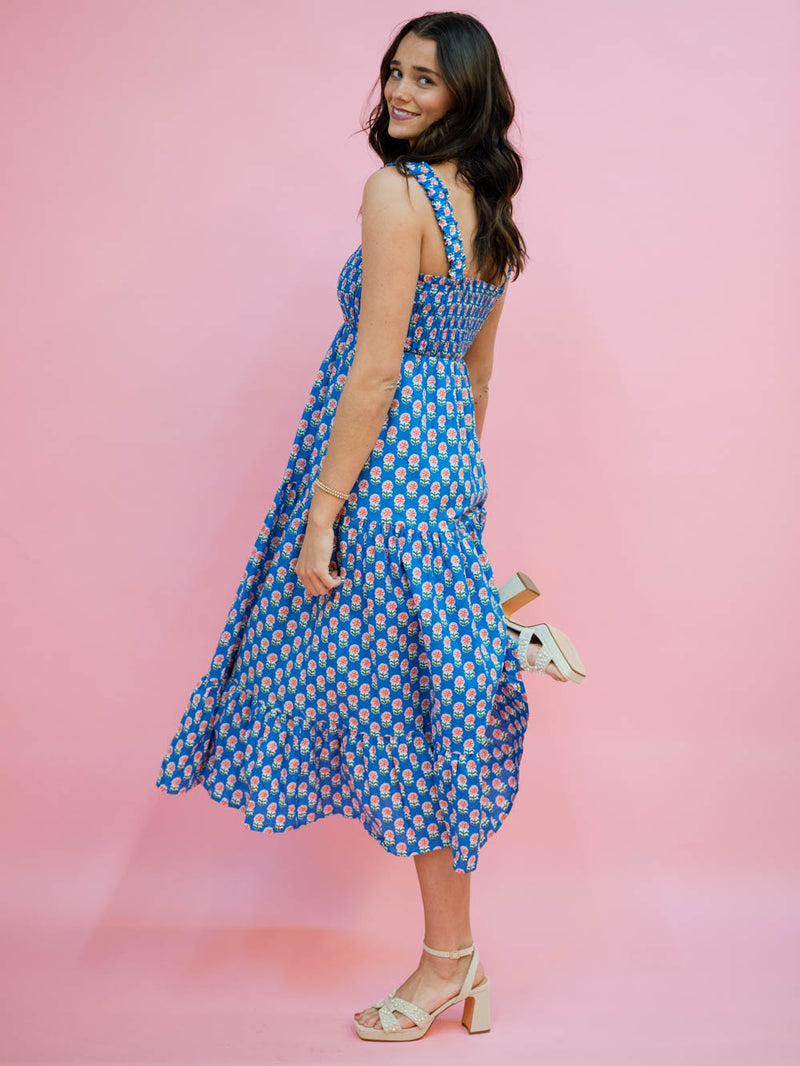 Tiered blue midi dress with florals