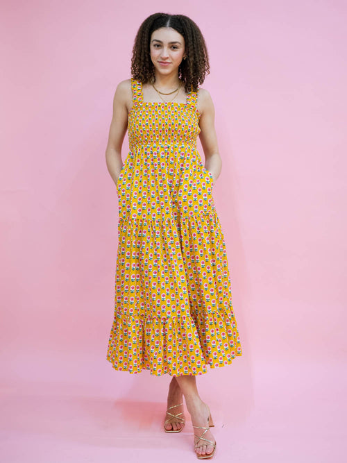 Yellow floral midi dress with smocking