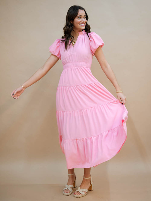 Pink puff sleeve tiered maxi dress