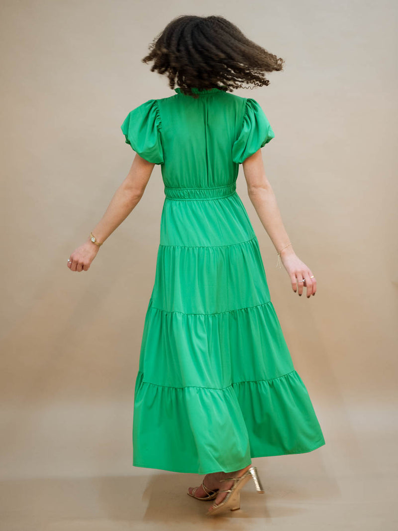 Spring wedding guest green maxi dress