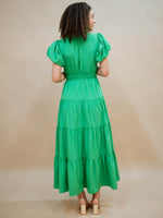 Kelly green tiered dress with puff sleeves