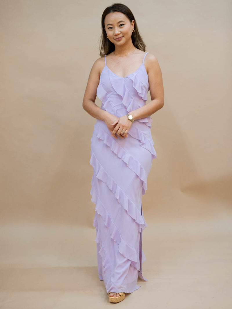 Lavender ruffle maxi dress for spring wedding