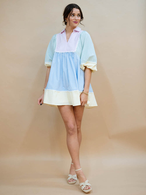 Puff sleeve babydoll dress with white scallop trim