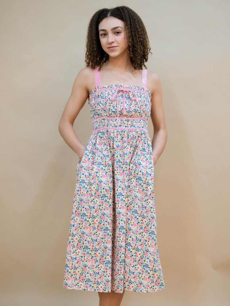 Floral midi dress with pink ribbon trim