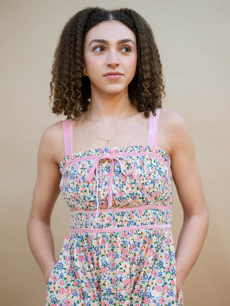 Pink and blue floral pleated neckline dress