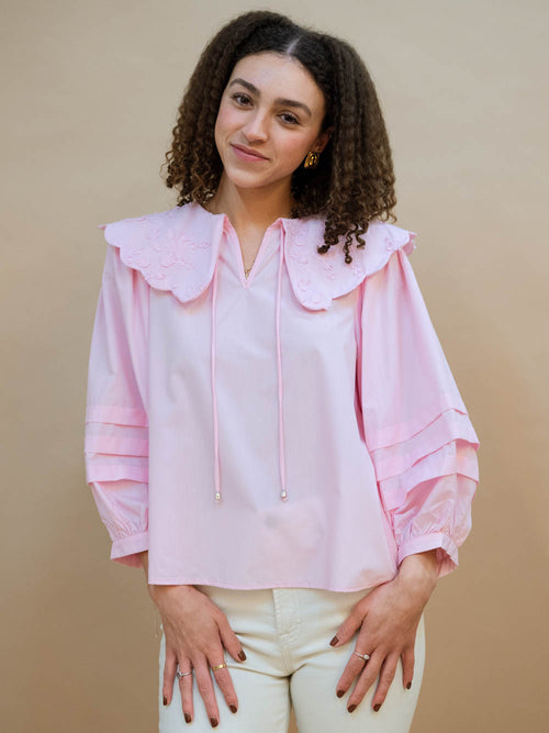 Butterfly embroidered statement collar top in ballet pink