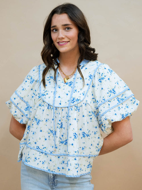 Blue floral cottagecore puff sleeve top