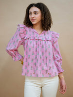 Pink floral ruffle blouse