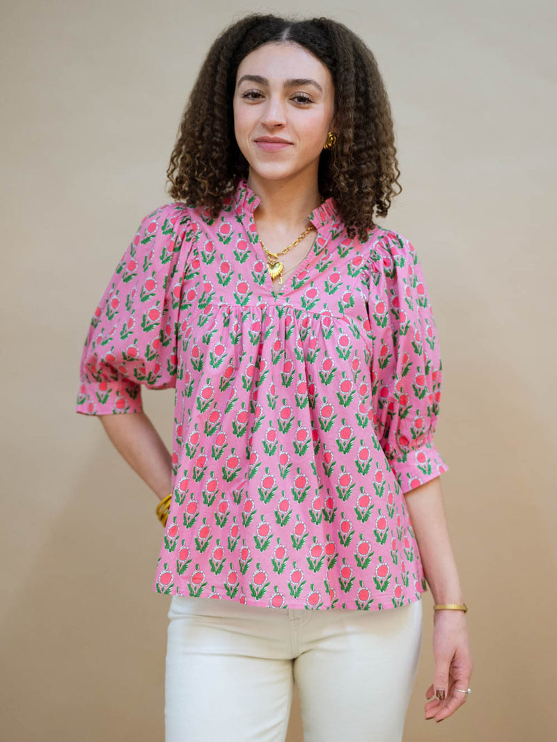 Pink floral block print blouse