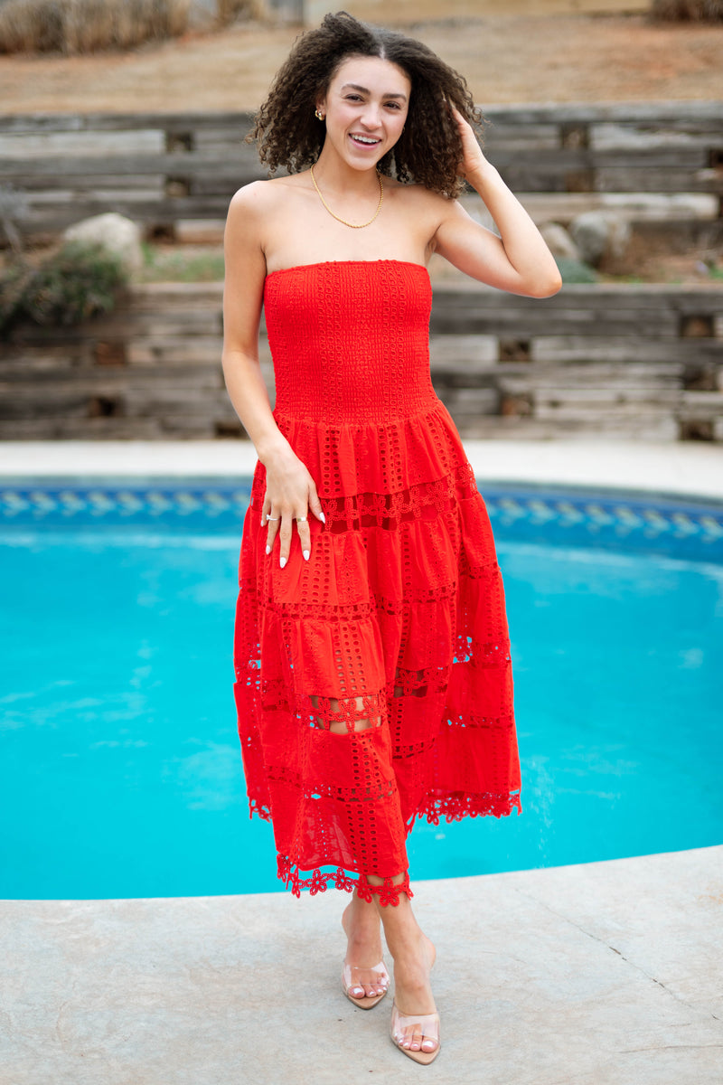 Jolene Eyelet Lace Tube Dress - Red Large Jolene Eyelet Lace Tube Dress - Red Large