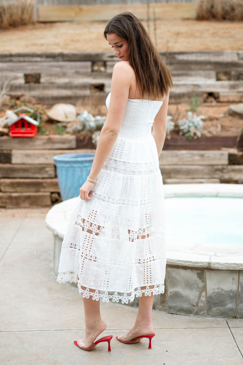 Jolene Eyelet Lace Tube Dress - White - LOVE OKIE Jolene Eyelet Lace Tube Dress - White - LOVE OKIE