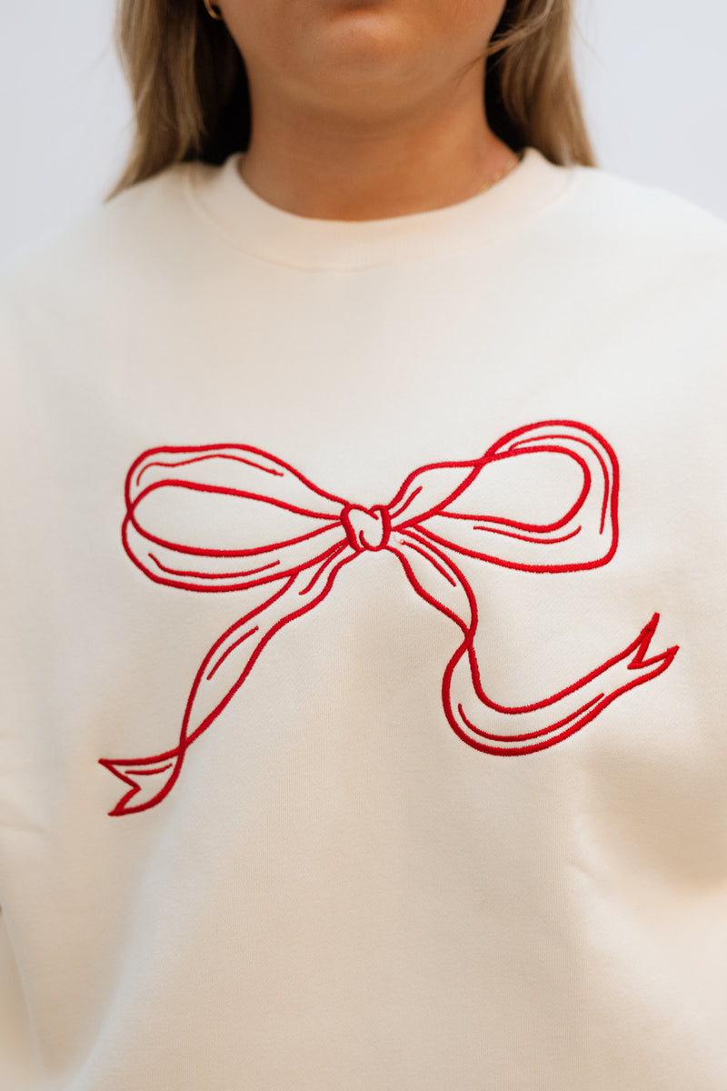 Love Okie Cute Red Bow Ribbon Embroidered Sweatshirt Women Preppy Sweatshirt 