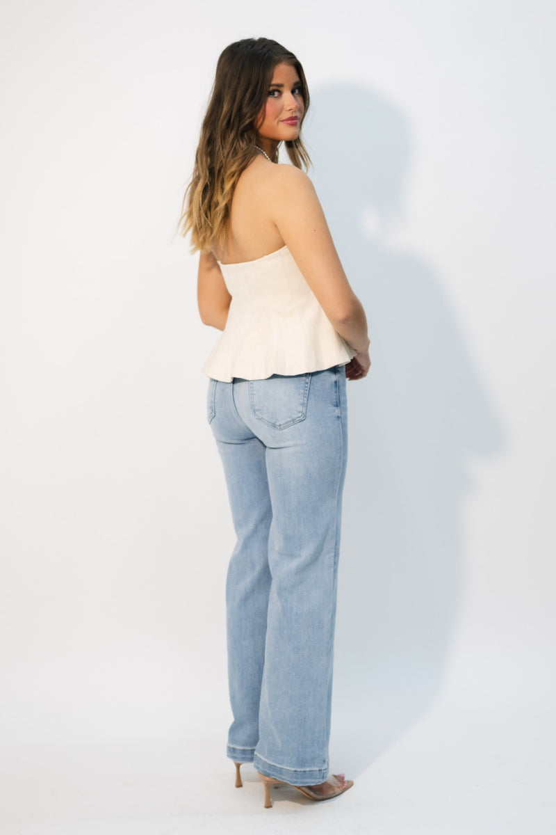 Ecru suede bandeau peplum top
