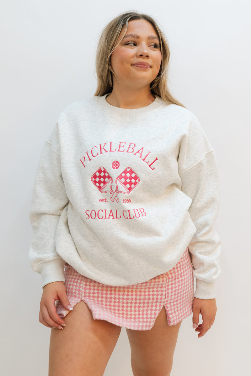 Love Okie Cute Women Pink White Checkered Gingham Skort with Pickleball Sweatshirt