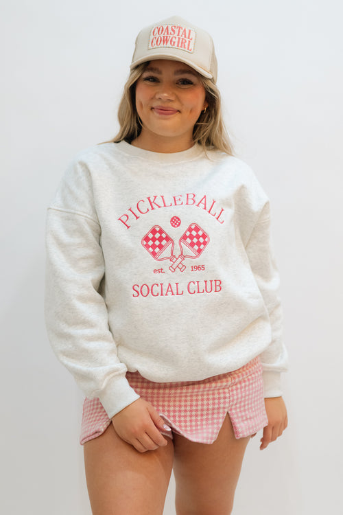 Love Okie Gray Pink Pickle Ball Social Club Sweatshirt with trucker hat outfit