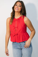 Casual red top with self tie bows