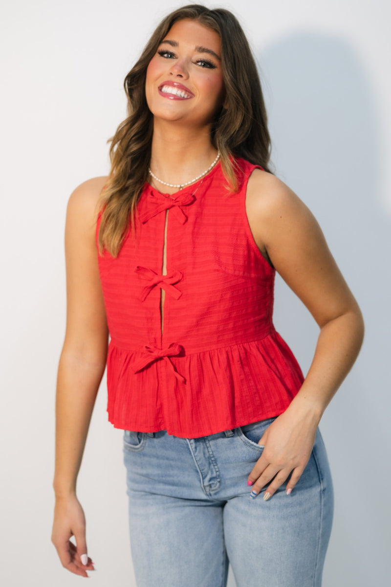 Casual red top with self tie bows