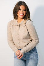 Ruffle collar brown cardigan sweater