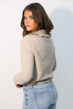 Neutral brown knit cardigan ruffle trim