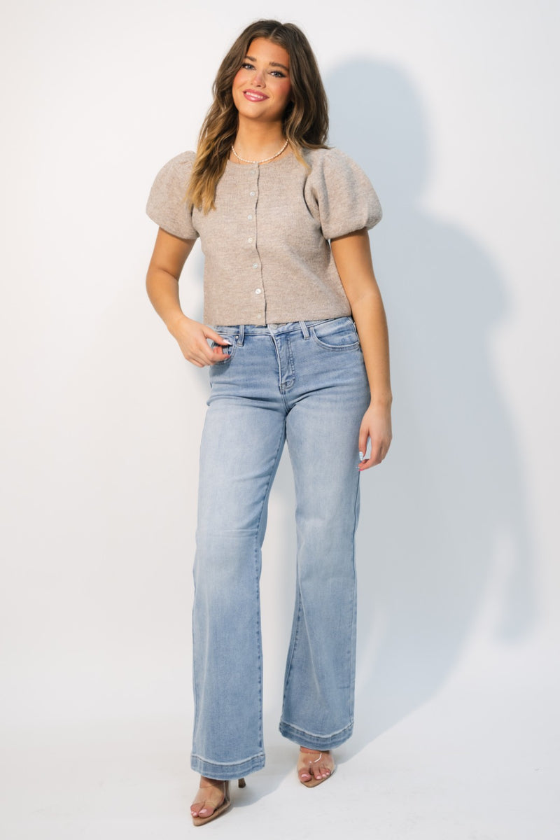 Beige puff sleeve button front top
