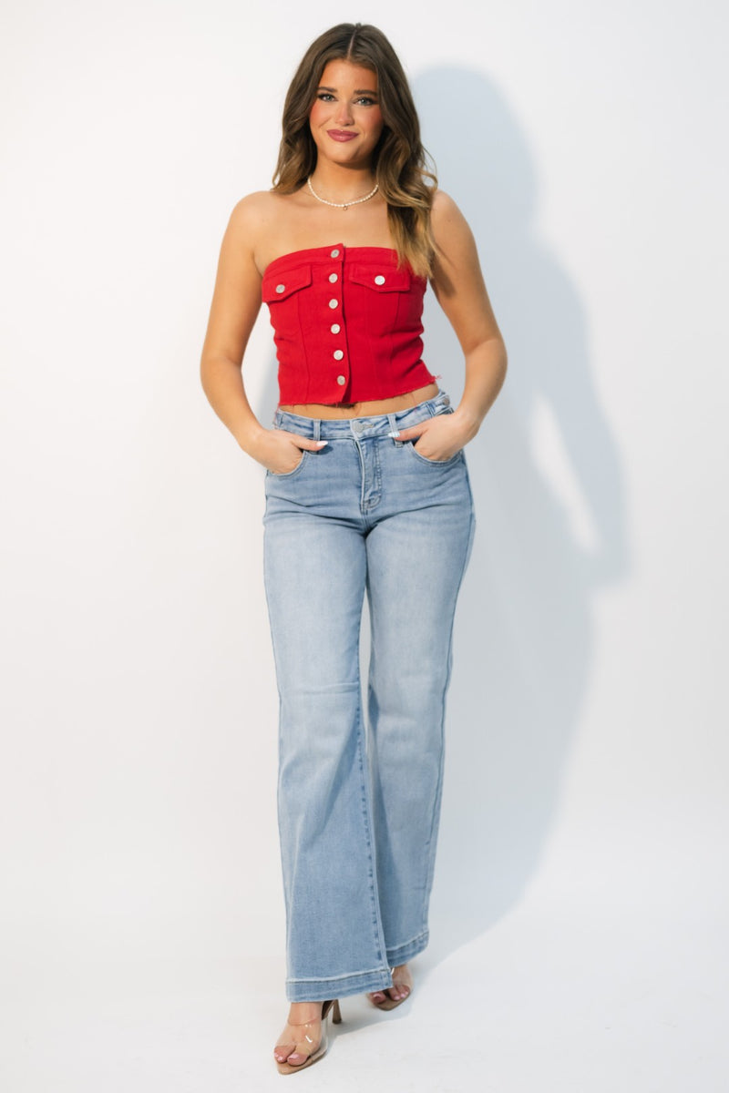 fitted red going out top